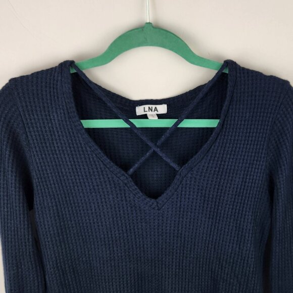 LNA Revolve Cross Strap Waffle Knit Long Sleeve Thermal Sweater Top Navy Blue M - Picture 4 of 8